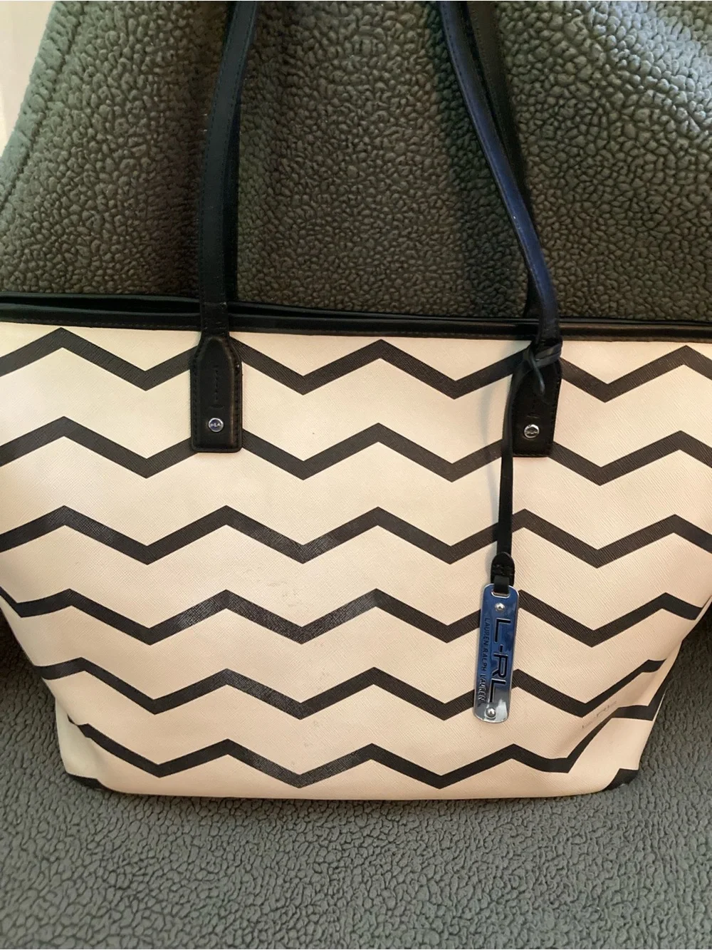 Lauren Ralph Lauren Black and Cream Chevron Tote